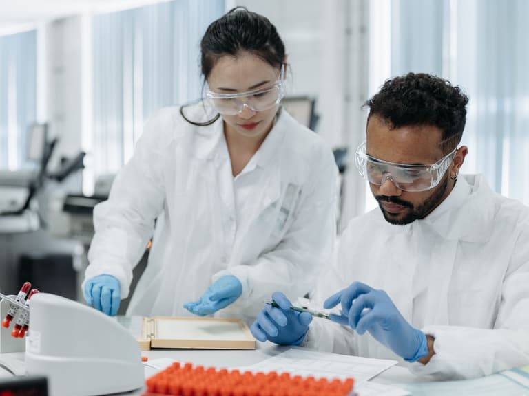 Deux technologues manipulant des tubes d'échantillons près d'un portoir dans un laboratoire clinique moderne