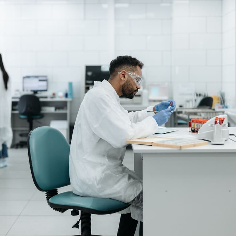 Technologue en blouse et lunettes de protection examinant un tube d'échantillon dans un laboratoire clinique, une collègue devant un analyseur automatisé à l'arrière-plan